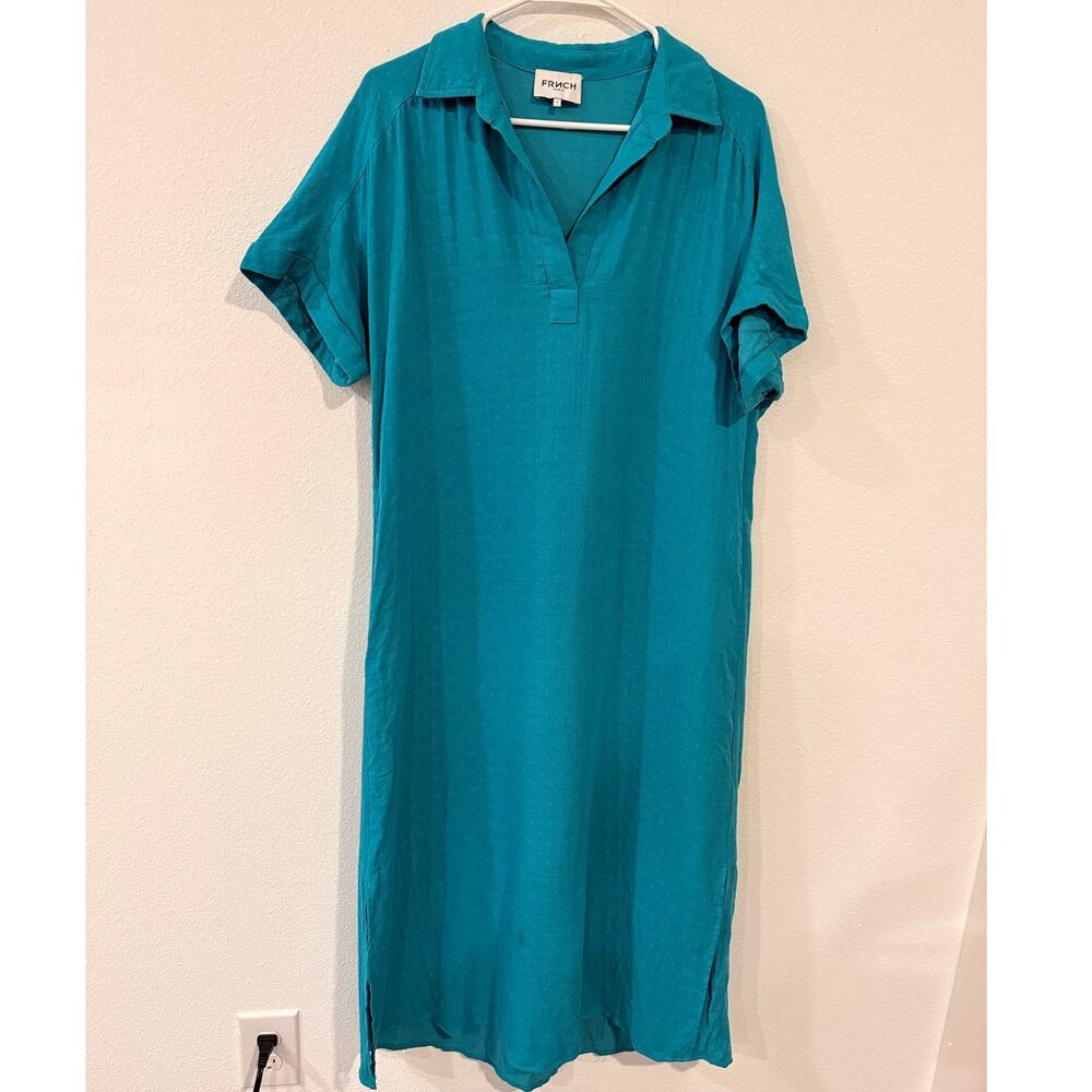 Chic FRNCH Teal Midi Dress with Collared V-Neck - Size Small - Picture 2 of 10